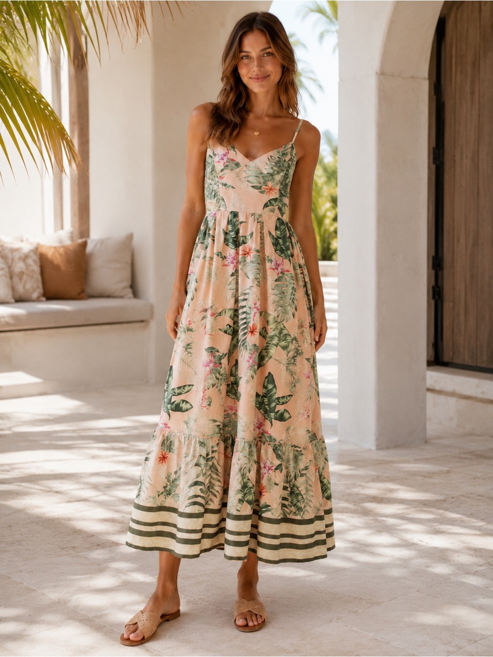 Printed Spaghetti-Strap Maxi Dress Vacation Tropical Outfit Summer Sundress US S